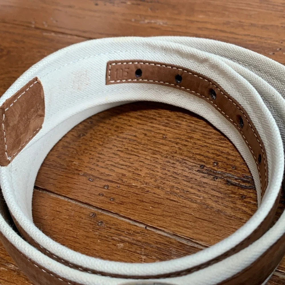 Paul & Shark Ivory Cotton and Brown Leather Belt Men’s Brass Silver Buckle 42